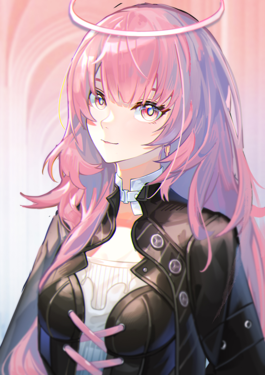 1girl absurdres arknights black_jacket breasts choker closed_mouth cross-laced_clothes earrings halo highres jacket jewelry lemuen_(arknights) long_hair looking_at_viewer medium_breasts open_clothes open_jacket pink_eyes pink_hair smile solo upper_body white_choker zuiai_gongzhu_dianxia