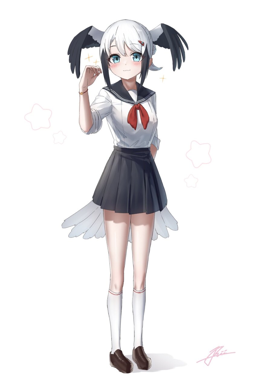 1girl :3 alternate_costume bird_girl bird_tail bird_wings blue_eyes blush bow bowtie bracelet brown_shoes full_body grey_hair grey_skirt head_wings highres jewelry kemono_friends loafers mogurii multicolored_hair oriental_stork_(kemono_friends) pleated_skirt red_bow red_bowtie sailor_collar school_uniform serafuku shirt shoes short_hair skirt socks solo sparkle tail two-tone_hair white_hair white_shirt white_socks wings