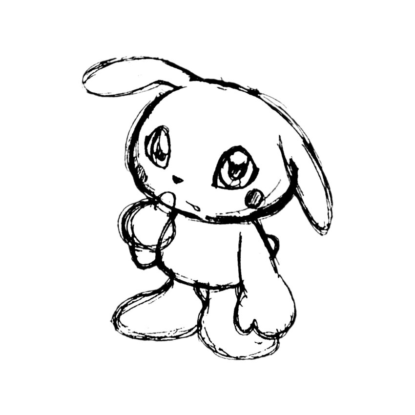 beta_digimon blush digimon digimon_(creature) dog highres looking_at_viewer monochrome plotmon solo