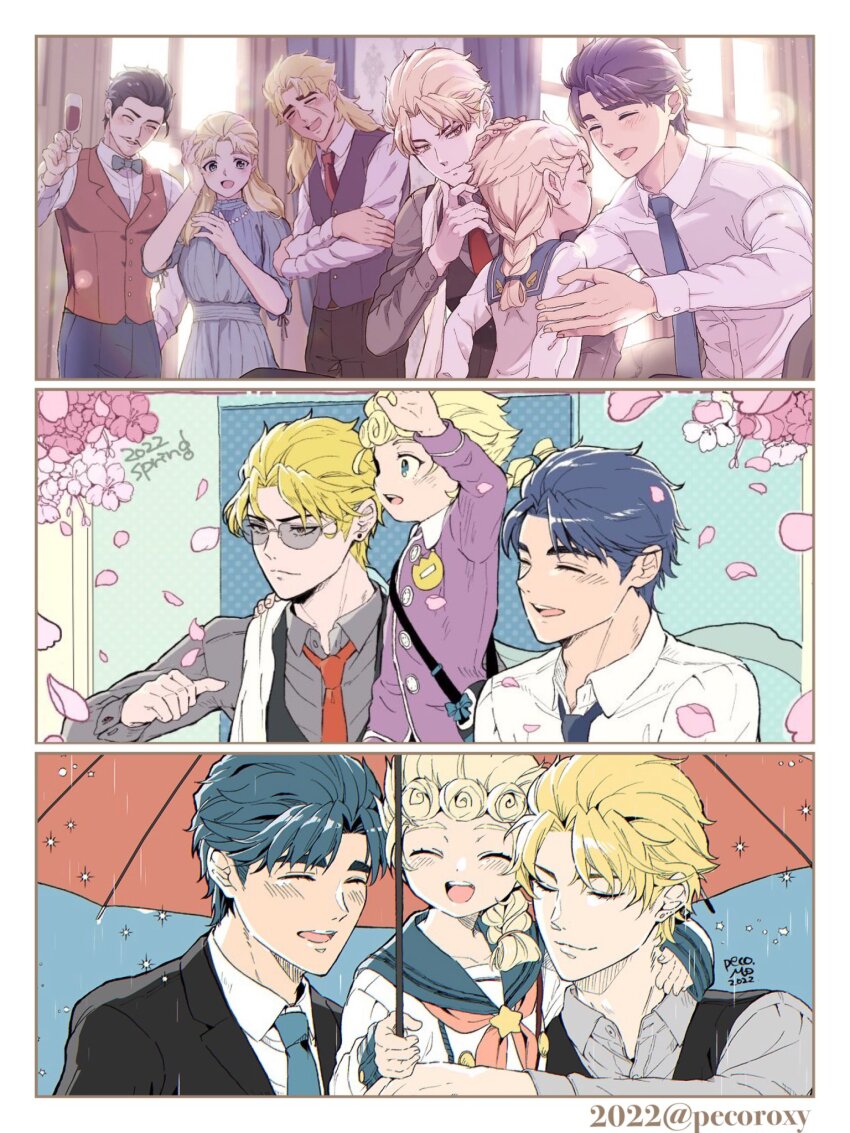 3boys aged_down blonde_hair blue_hair cherry_blossoms child dio_brando erina_pendleton family father_and_son formal_clothes giorno_giovanna highres jojo_no_kimyou_na_bouken jonathan_joestar morino_peko multiple_boys necktie phantom_blood robert_e._o._speedwagon sailor_collar suit umbrella vento_aureo will_anthonio_zeppeli