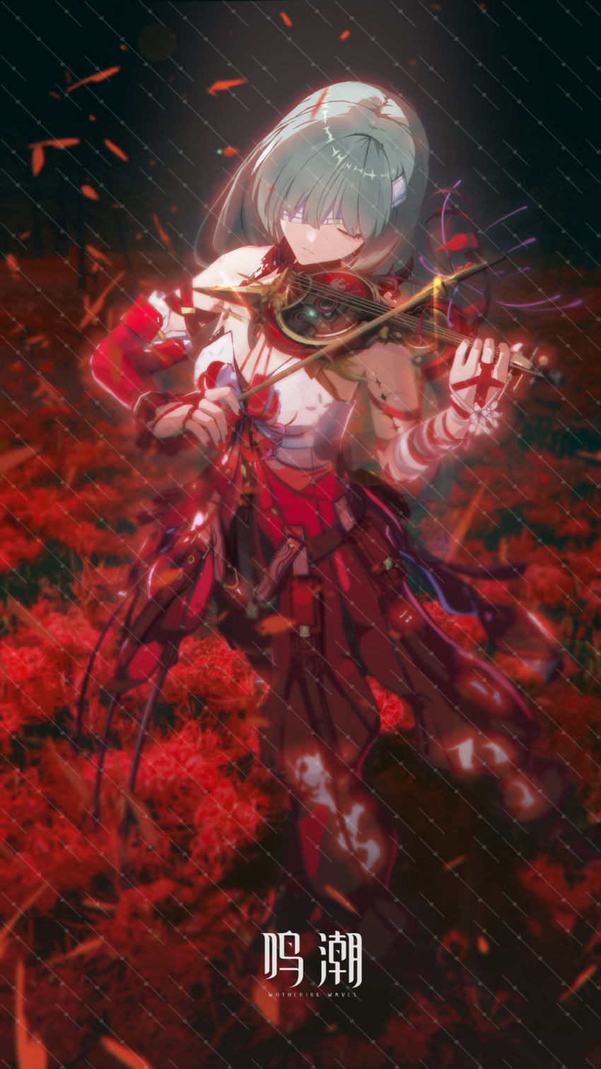 1girl bandage_over_one_eye bandaged_arm bandages bare_shoulders braid breasts chawan_(a1982962436) closed_mouth commission detached_sleeves dress earrings flower grey_eyes grey_hair highres holding holding_instrument holding_violin instrument jewelry long_hair low_twin_braids medium_breasts phrolova_(wuthering_waves) red_dress red_theme solo spider_lily tacet_mark_(wuthering_waves) twin_braids violin wuthering_waves