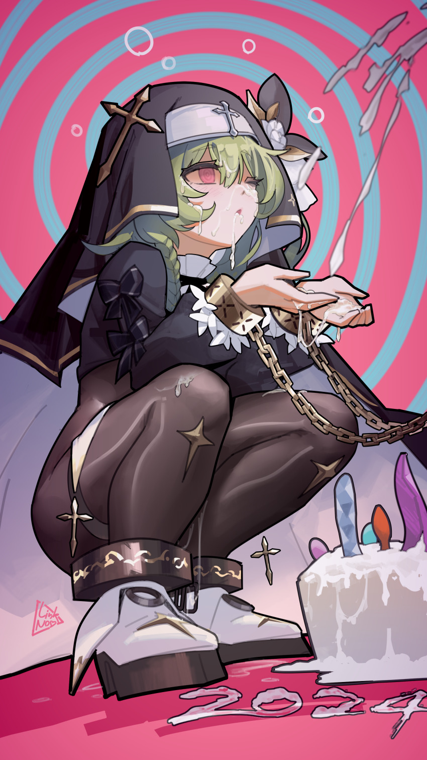 1girl 2024 absurdres black_shrug bodystocking cake chain change_in_common_sense cross cuffs cum cum_on_body cum_on_hands cum_overflow cumdrip cupping_hands empty_eyes facial food from_below full_body green_hair hair_between_eyes hands_up highres huanxiang_koudai_meow hypnosis linkai_nuofu long_sleeves mind_control nun original own_hands_together projectile_cum red_eyes sex_toy shackles shoes shrug_(clothing) signature spiral_background squatting virtual_youtuber white_shoes