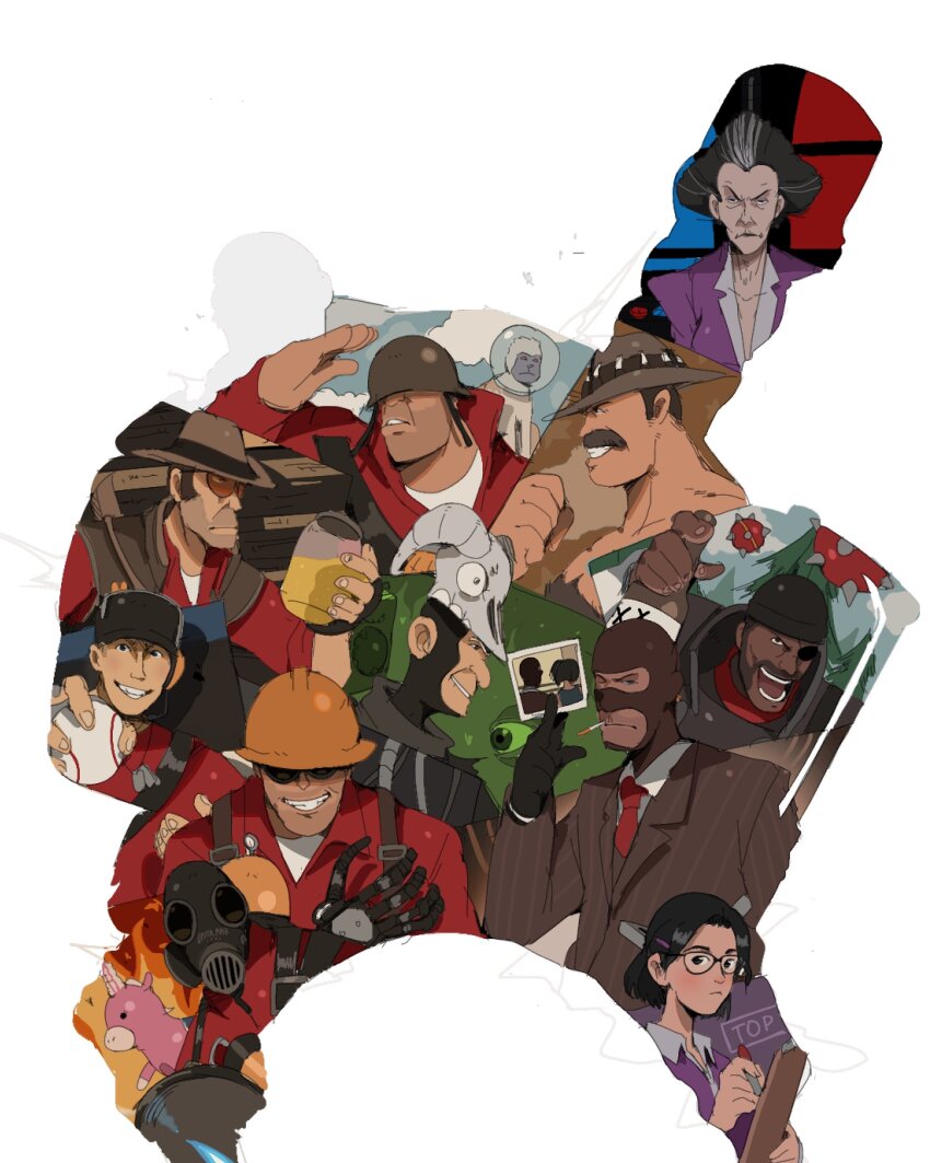 2girls 6+boys absurdres administrator_(tf2) ball baseball_(object) battlefield bendedede demoman_(tf2) engineer_(tf2) fire fishbowl gatling_gun heavy_(tf2) highres mask medic_(tf2) merasmus miss_pauling monkey multiple_boys multiple_girls photo_(object) piss_bottle pyro_(tf2) red_demoman_(tf2) red_engineer_(tf2) red_heavy_(tf2) red_medic_(tf2) red_pyro_(tf2) red_scout_(tf2) red_sniper_(tf2) red_soldier_(tf2) red_spy_(tf2) saxton_hale scout_(tf2) silhouette sniper_(tf2) soldier_(tf2) spy_(tf2) team_fortress_2 white_background writing