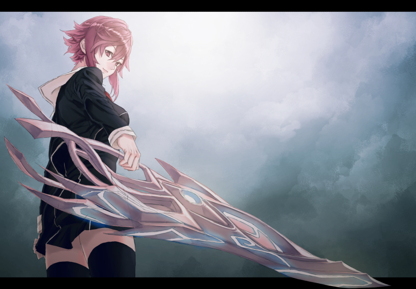 1girl black_legwear chaos;child closed_mouth cloud cloudy_sky day dusk female_focus holding holding_sword holding_weapon letterboxed mstm onoe_serika pink_eyes pink_hair school_uniform science_adventure short_hair_with_long_locks sidelocks sky solo sword weapon