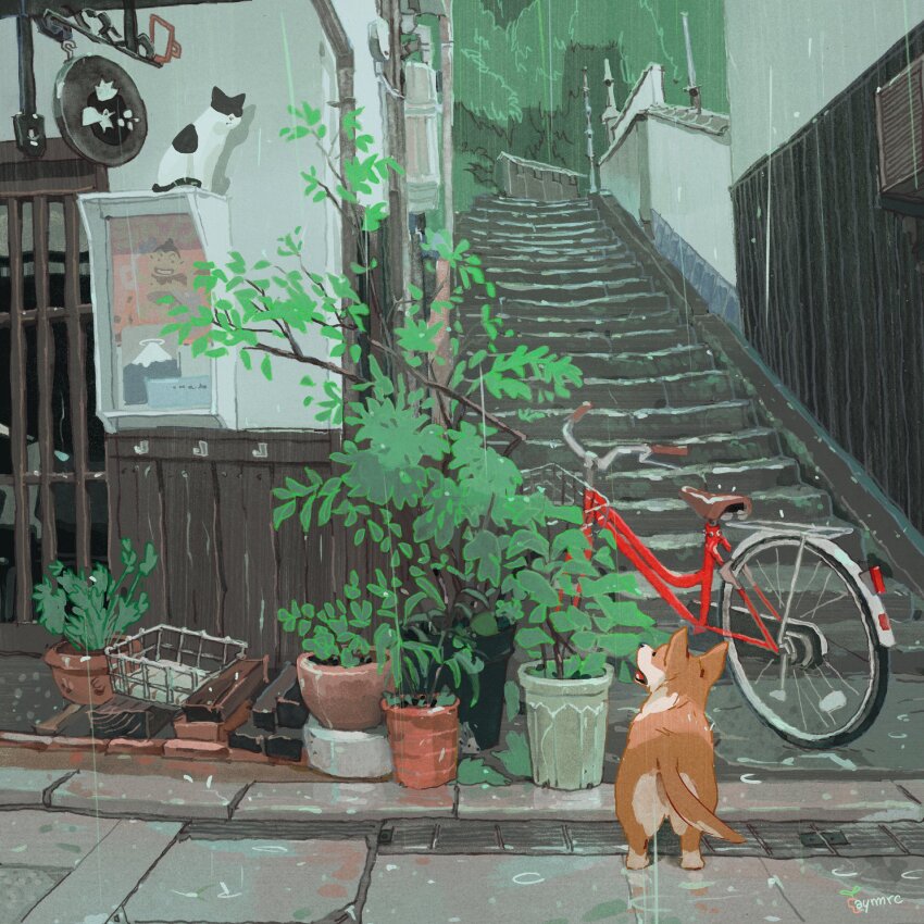 animal aymeric_kevin bicycle building bush cat city day dog door highres house no_humans original outdoors plant potted_plant rain road scenery sign signature smile stairs standing street tree