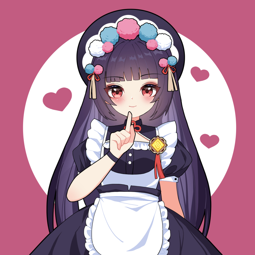 1girl absurdres alternate_costume apron arm_at_side black_bonnet black_dress black_hair blunt_bangs bonnet dress enmaided ff2074 frills genshin_impact heart highres light_blush long_hair maid maid_apron pink_background pointing pointing_at_self pom_pom_(clothes) puffy_short_sleeves puffy_sleeves red_eyes short_sleeves simple_background smile tassel upper_body vision_(genshin_impact) yun_jin_(genshin_impact)