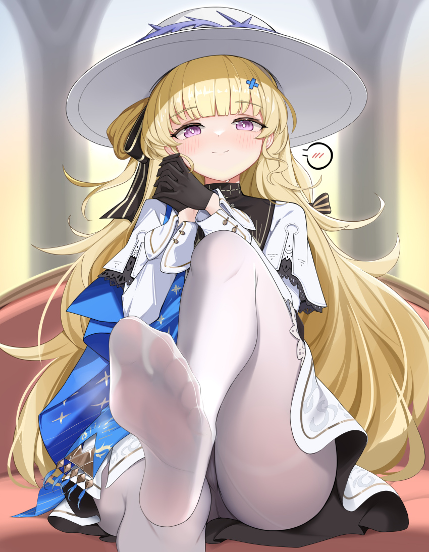 1girl absurdres black_bow black_collar black_gloves blonde_hair bow chinese_commentary collar commentary_request feet fengqun foot_focus gloves hair_ornament half-closed_eyes hat highres large_hat long_hair looking_at_viewer md5_mismatch no_shoes own_hands_clasped own_hands_together pantyhose phoebe_(wuthering_waves) purple_eyes revision sitting smile soles solo split_mouth spoken_blush striped_bow toes very_long_hair white_hat white_pantyhose wuthering_waves x_hair_ornament