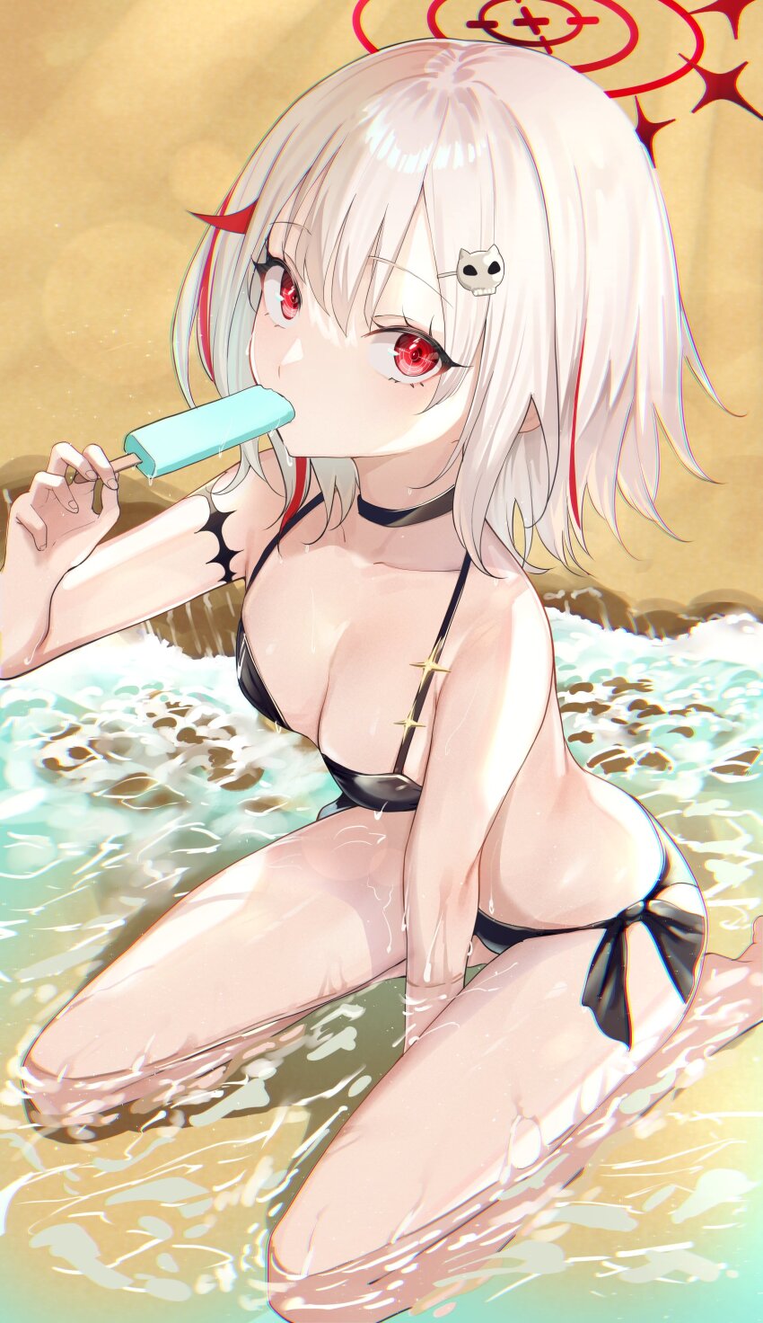 1girl absurdres arm_between_legs arm_tattoo bikini black_bikini breasts cleavage collarbone commentary_request dtto. food hair_ornament hairclip halo highres holding holding_food holding_popsicle kairi_(miry666) multicolored_hair popsicle red_halo reject_(esports) short_hair side-tie_bikini_bottom sitting solo streaked_hair swimsuit tattoo watermark wet white_hair
