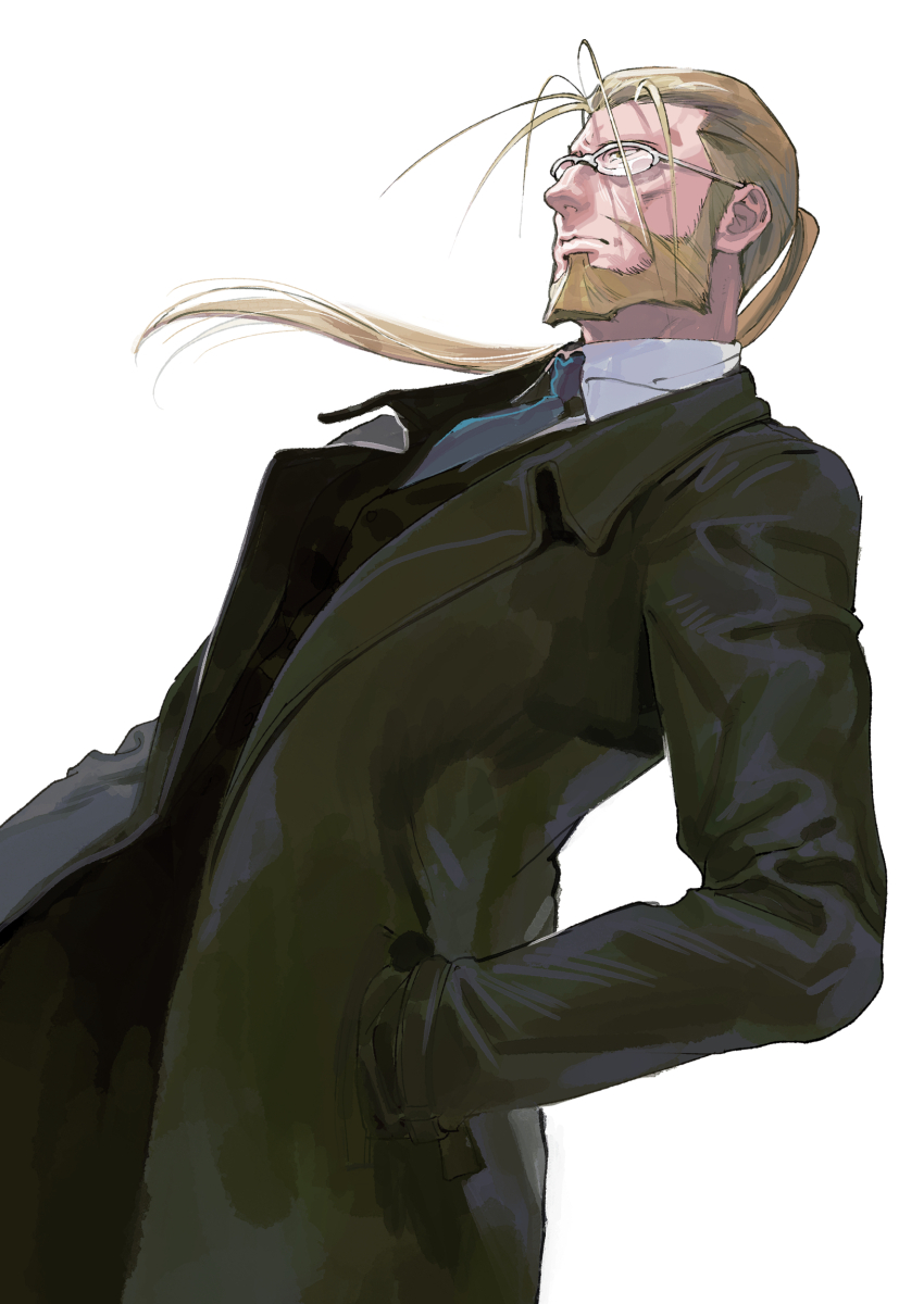 1boy akutsumi arm_at_side beard black_coat black_vest blonde_hair buttons cheekbones closed_mouth coat collared_shirt dress_shirt dutch_angle facial_hair floating_hair fullmetal_alchemist glasses grey-framed_eyewear grey_necktie half-closed_eyes hand_in_pocket highres lapels long_hair long_sideburns looking_afar loose_hair_strand male_focus necktie old old_man over-rim_eyewear ponytail round_eyewear semi-rimless_eyewear serious shirt sideburns simple_background straight_hair upper_body van_hohenheim vest white_background white_shirt wrinkled_skin yellow_eyes