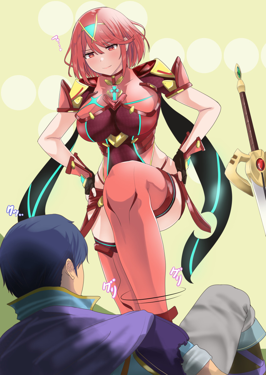 1boy 1girl absurdres bdsm breasts commission earrings femdom fire_emblem fire_emblem:_mystery_of_the_emblem highres jewelry jouzaburou_(joe3) marth_(fire_emblem) nintendo pixiv_commission pyra_(xenoblade) red_eyes red_hair red_thighhighs sadism short_hair smile stepped_on super_smash_bros. thighhighs tiara xenoblade_chronicles_(series) xenoblade_chronicles_2