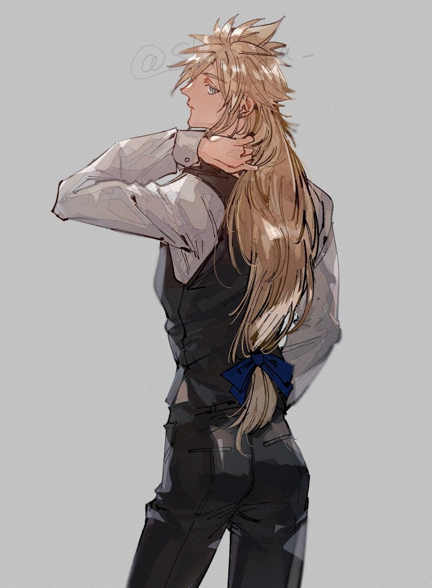 1boy alternate_costume alternate_hair_length alternate_hairstyle aqua_eyes black_pants black_vest blonde_hair blue_bow bow closed_mouth cloud_strife collared_shirt cowboy_shot earrings final_fantasy final_fantasy_vii hair_between_eyes hair_bow hand_in_own_hair highres jewelry long_hair low-tied_long_hair male_focus pants shio_ga shirt single_earring solo spiked_hair twitter_username upper_body vest waistcoat white_shirt