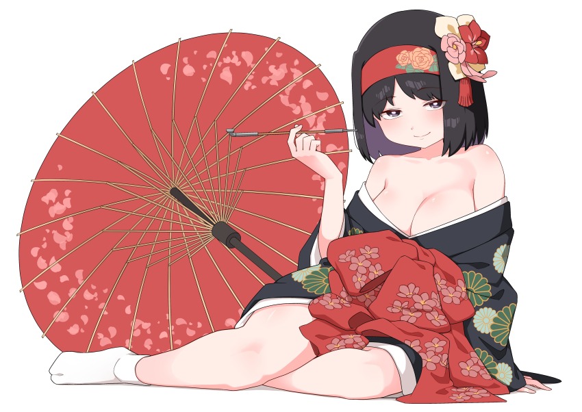 1girl absurdres alternate_costume bare_shoulders black_eyes black_hair black_kimono breasts bright_pupils cleavage erika_(pokemon) floral_print flower hair_flower hair_ornament hairband highres japanese_clothes kimono kiseru looking_at_viewer medium_breasts medium_hair nintendo off_shoulder oil-paper_umbrella oiran pokemon pokemon_rgby red_hairband simple_background sitting smile smoking_pipe solo tabi toba_tsutsumi umbrella white_background white_pupils yokozuwari