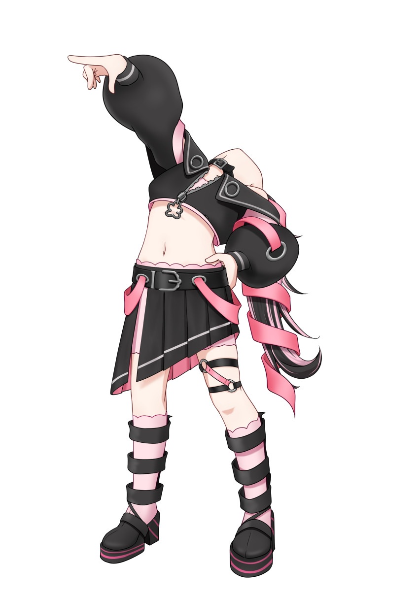 1girl absurdres arched_back belt belt_collar black_belt black_hair black_jacket black_shoes black_skirt bloomers boa_hancock collar commentary_request cropped_jacket cuore_0624 flat_chest full_body hair_ribbon head_back highres jacket long_hair long_sleeves midriff multicolored_hair nanashi_inc. navel o-ring o-ring_thigh_strap oinomori_may oinomori_may_(1st_costume) one_piece pink_bloomers pink_hair pink_ribbon pink_socks pleated_skirt pointing pointing_forward pose_imitation ribbon shoes simple_background skirt socks solo standing thigh_strap transparent_background two-tone_hair underwear virtual_youtuber
