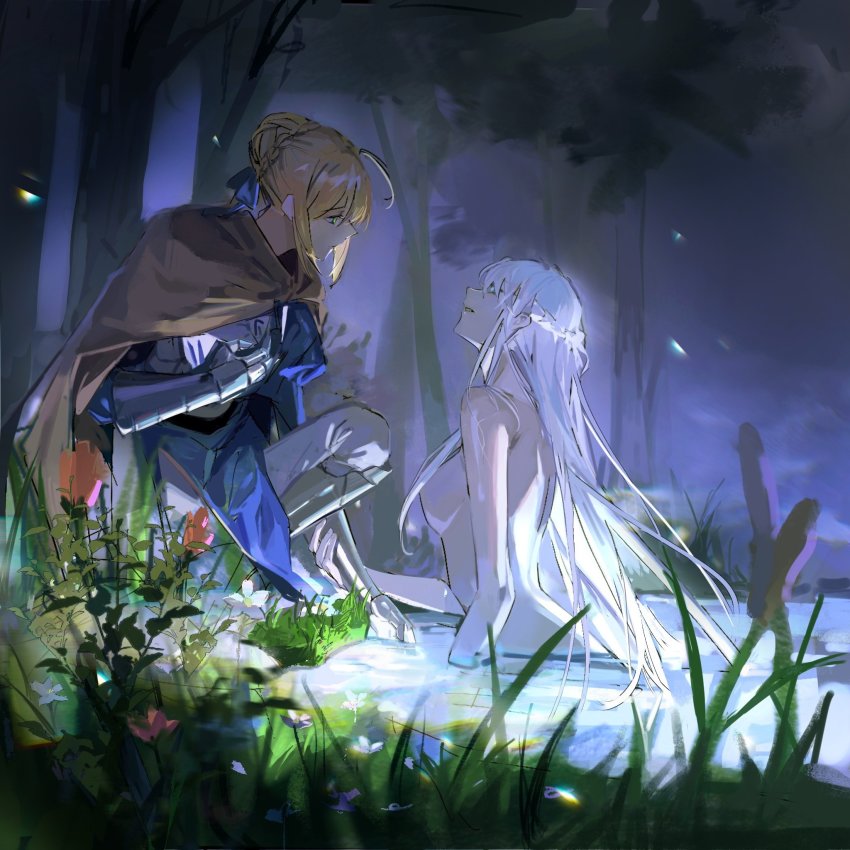 2girls ahoge armor armored_dress artoria_pendragon_(fate) blonde_hair blue_eyes braid braided_bun cloak completely_nude dress fate/grand_order fate/stay_night fate_(series) gauntlets green_eyes hair_bun hair_censor half_up_braid highres holding_another&#039;s_wrist hood hooded_cloak lady_of_the_lake long_hair morgan_le_fay_(fate) morgan_le_fay_(fate/apocrypha) moxiayuji multiple_girls nude partially_submerged saber_(fate) single_hair_bun white_hair