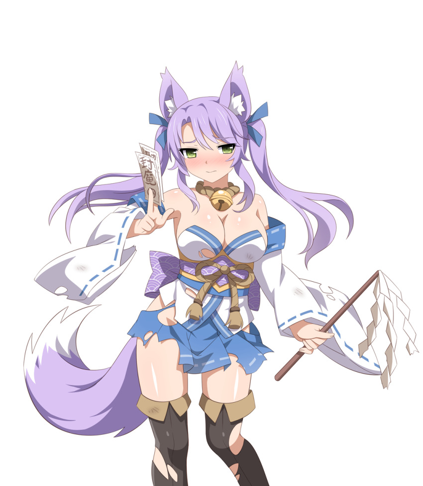 animal_ears bell blush boots embarrassed fox_ears fox_girl fox_miko_(sakura_dungeon) fox_tail green_eyes highres japanese_clothes neck_bell official_art ofuda purple_hair sakura_dungeon sprite tail talisman thigh_boots twintails wanaca