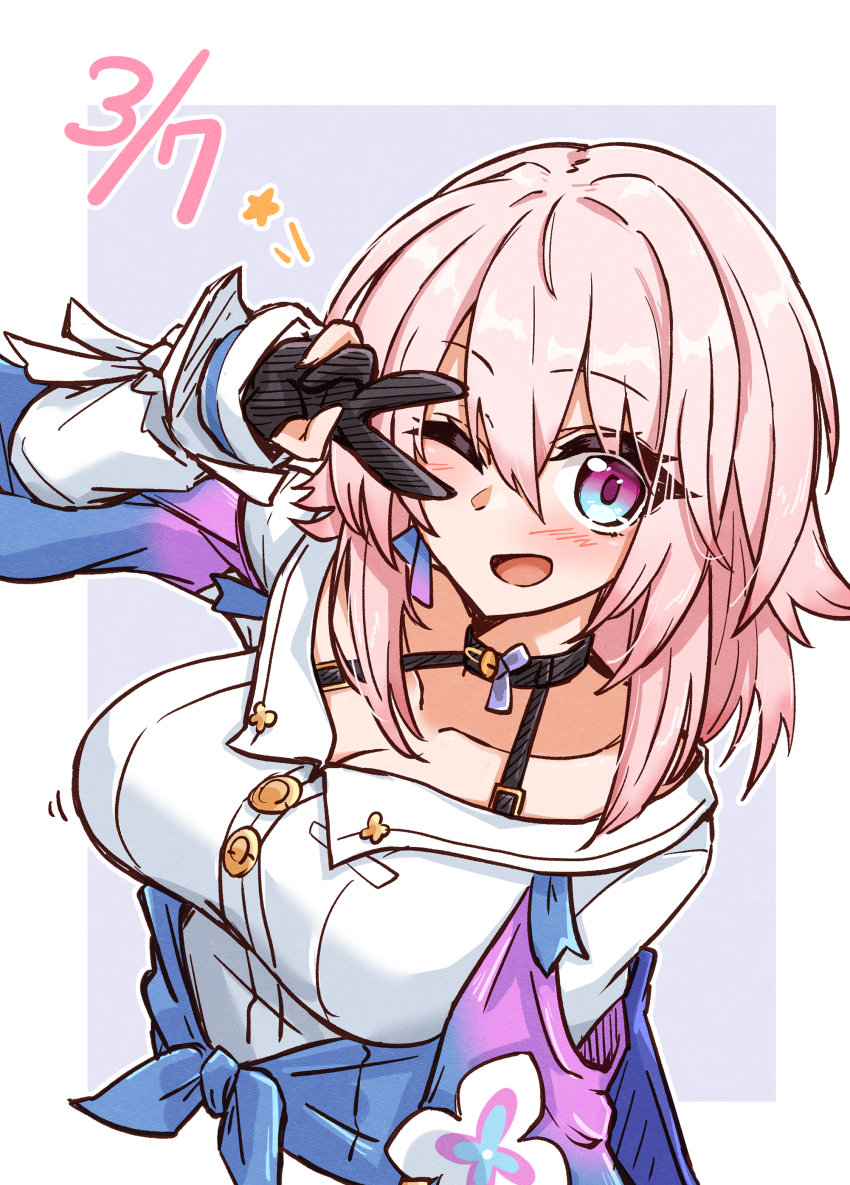 1girl ;d absurdres black_gloves blue_eyes border breasts cleavage collarbone commentary_request gloves grey_background hair_between_eyes highres honkai:_star_rail honkai_(series) large_breasts long_sleeves looking_at_viewer maiq06 march_7th_(honkai:_star_rail) medium_hair multicolored_eyes one_eye_closed open_mouth outside_border partially_fingerless_gloves pink_eyes pink_hair simple_background smile solo star_(symbol) two-tone_eyes upper_body v v_over_eye white_border