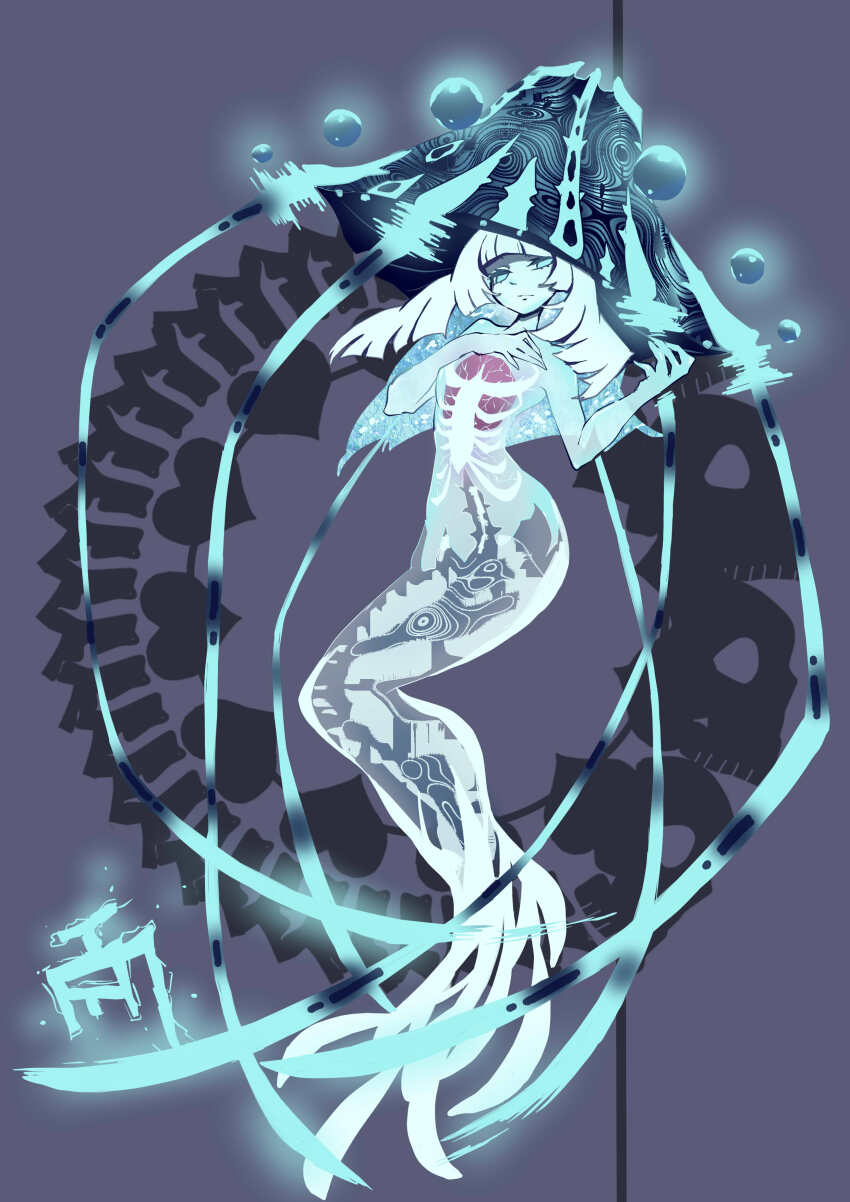 1girl absurdres blue_background blue_eyes blue_sclera blue_skin bone breasts colored_sclera colored_skin completely_nude crossover electricity energy energy_ball eternal_darkness:_sanity&#039;s_requiem fins floating floating_object glowing glowing_eyes glyph heart_(symbol) highres jellyfish levitation long_hair looking_at_viewer mermaid monster_girl nintendo nude organs personification ribs see-through_clothes see-through_body sideboob sigil silicon_knights simple_background skull small_breasts spine sucker_for_love tail tentacles tn_scallion translucent ulyaoth white_hair