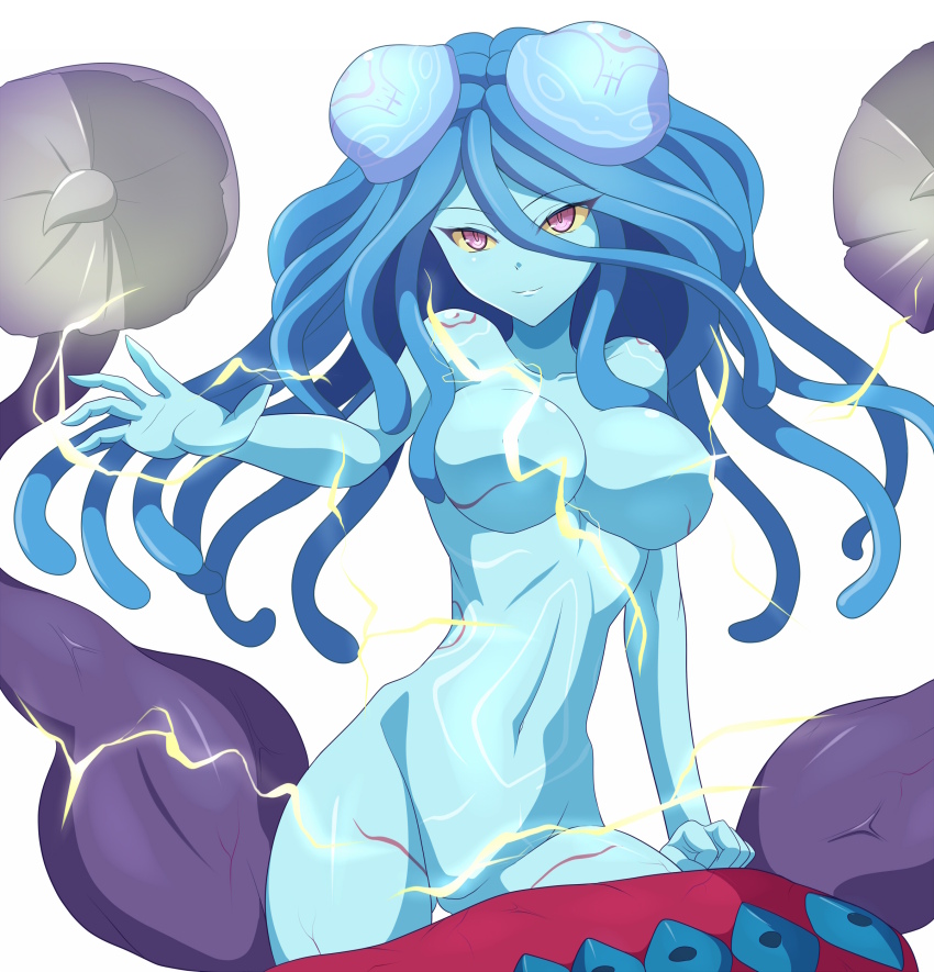 1girl absurdres barinade blue_hair blue_skin body_markings breasts censored censored_nipples clam_curry clenched_hand closed_mouth collarbone colored_eyelashes colored_sclera colored_skin commentary_request completely_nude convenient_censoring cowboy_shot electricity eyelashes gluteal_fold groin hand_rest highres kneeling large_breasts light_smile long_hair looking_to_the_side monster_girl navel nintendo nipples nude outstretched_arm personification pink_eyes shiny_skin simple_background smile solo tentacle_hair tentacles the_legend_of_zelda the_legend_of_zelda:_ocarina_of_time variant_set veins white_background yellow_sclera