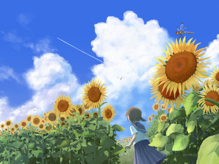 1girl blue_sailor_collar blue_skirt blue_sky brown_hair bug cloud commentary_request contrail cumulonimbus_cloud day dragonfly field flower flower_field insect leaf original outdoors pleated_skirt sailor_collar scenery school_uniform serafuku shirt short_hair short_sleeves skirt sky solo sunflower sunflower_field twitter_username white_shirt yabisara