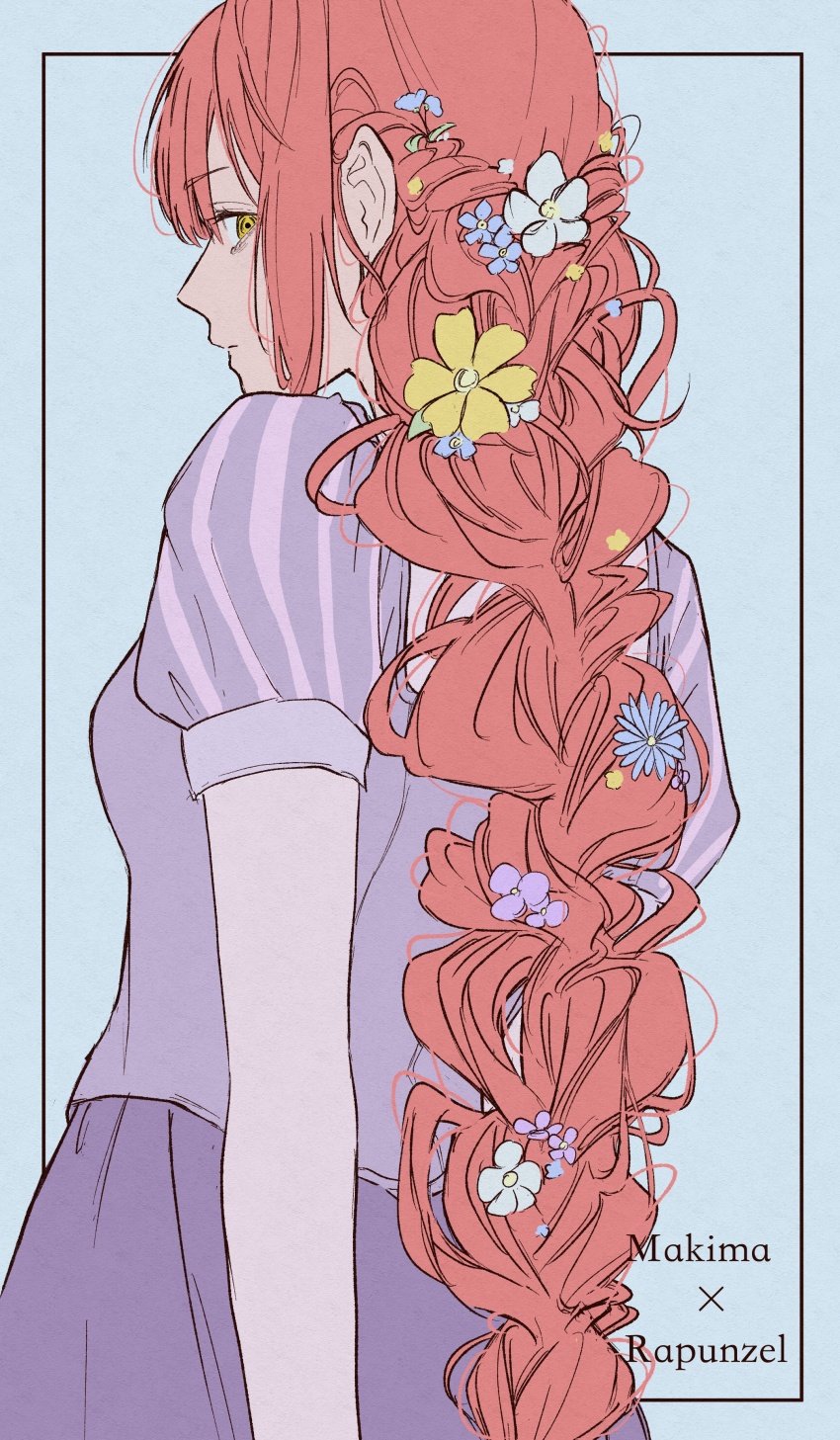 1girl absurdres blue_flower braid chainsaw_man closed_mouth cosplay flower hair_flower hair_focus hair_ornament highres long_hair looking_back makima_(chainsaw_man) pink_flower pink_hair rapunzel_(disney) rapunzel_(disney)_(cosplay) ringed_eyes single_braid solo tangled tian_zhu2357 very_long_hair white_flower yellow_eyes yellow_flower