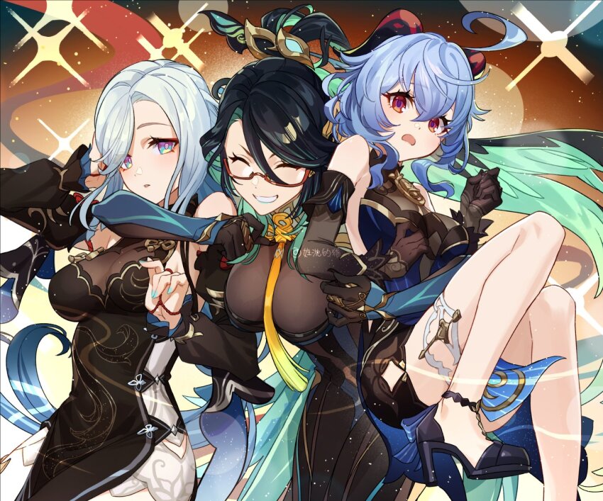 3girls ahoge aqua_lips bare_shoulders bell black_dress black_footwear black_gloves black_hair blue_dress blue_eyes blue_hair breasts chinese_hairpin cleavage colored_inner_hair detached_sleeves dress ganyu_(genshin_impact) ganyu_(twilight_blossom)_(genshin_impact) genshin_impact glasses gloves goat_horns green_hair hair_ornament hair_over_one_eye high_heels highres honlo horns hug large_breasts legs long_hair long_sleeves medium_breasts multicolored_hair multiple_girls nail_polish neck_bell official_alternate_costume official_alternate_hairstyle purple_eyes red-framed_eyewear see-through_clothes see-through_cleavage shenhe_(frostflower_dew)_(genshin_impact) shenhe_(genshin_impact) sideless_dress sleeveless sleeveless_dress smile thighs very_long_hair white_hair xianyun_(genshin_impact)