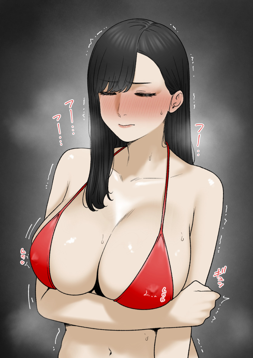 1girl absurdres bikini black_hair breasts closed_eyes facing_viewer grey_background highres large_breasts long_hair navel original parted_bangs red_bikini solo swimsuit tantanmen72 trembling upper_body
