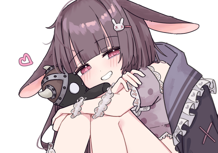 1girl animal_ears ankle_bracelets arms_on_knees blush braid close-up face_focus fallenshadow fallenshadow_(pajamas) flat_chest frilled_shirt frilled_wristband frills grin hair_ornament hairpin heart highres holding holding_stuffed_toy indie_virtual_youtuber jacket jacket_on_shoulders jewelry knees_up looking_at_viewer lop_rabbit_ears navel official_alternate_costume official_alternate_hairstyle on_floor pajamas pink_eyes pink_pajamas purple_hair rabbit_ears rabbit_hair_ornament ribbon shirt simple_background sitting smile stuffed_toy teeth toenails triple_ahoge twin_braids virtual_youtuber white_background x_hair_ornament