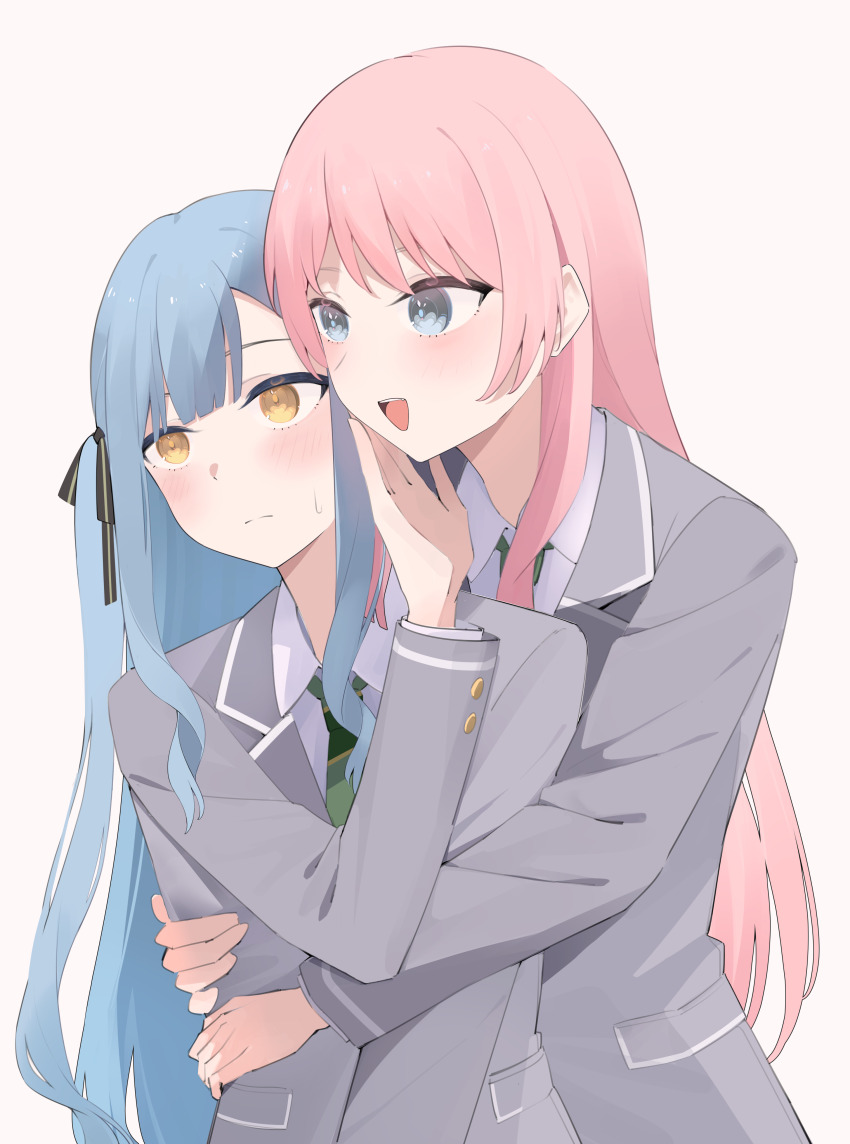 2girls absurdres bang_dream! bang_dream!_it&#039;s_mygo!!!!! black_ribbon blue_hair chihaya_anon chinese_commentary commentary_request green_necktie grey_eyes grey_jacket hair_ribbon hand_on_another&#039;s_face hand_on_another&#039;s_waist haneoka_school_uniform highres hug hug_from_behind jacket long_hair long_sleeves multiple_girls necktie open_mouth pianshi pink_hair ribbon school_uniform shirt simple_background smile togawa_sakiko two_side_up white_background white_shirt yellow_eyes yuri