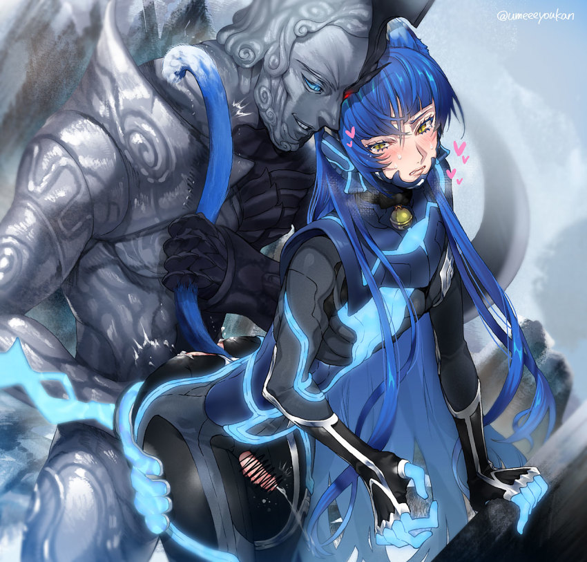 2boys anal androgynous animal_ears ass ass_grab asymmetrical_hair bar_censor bell blue_eyes blue_hair blush bodysuit cat_ears cat_tail censored clothed_sex commentary_request cowboy_shot cum ejaculation erection glowing handsfree_ejaculation heart highres leaning_forward looking_at_viewer male_focus male_penetrated motion_lines multiple_boys neck_bell parted_lips protagonist_(smtv) red_eyes shin_megami_tensei shin_megami_tensei_v split_theme sweatdrop tail tail_grab thighs torn_bodysuit torn_clothes twitter_username umeeeyoukan yaoi yellow_eyes zeus_(megami_tensei)