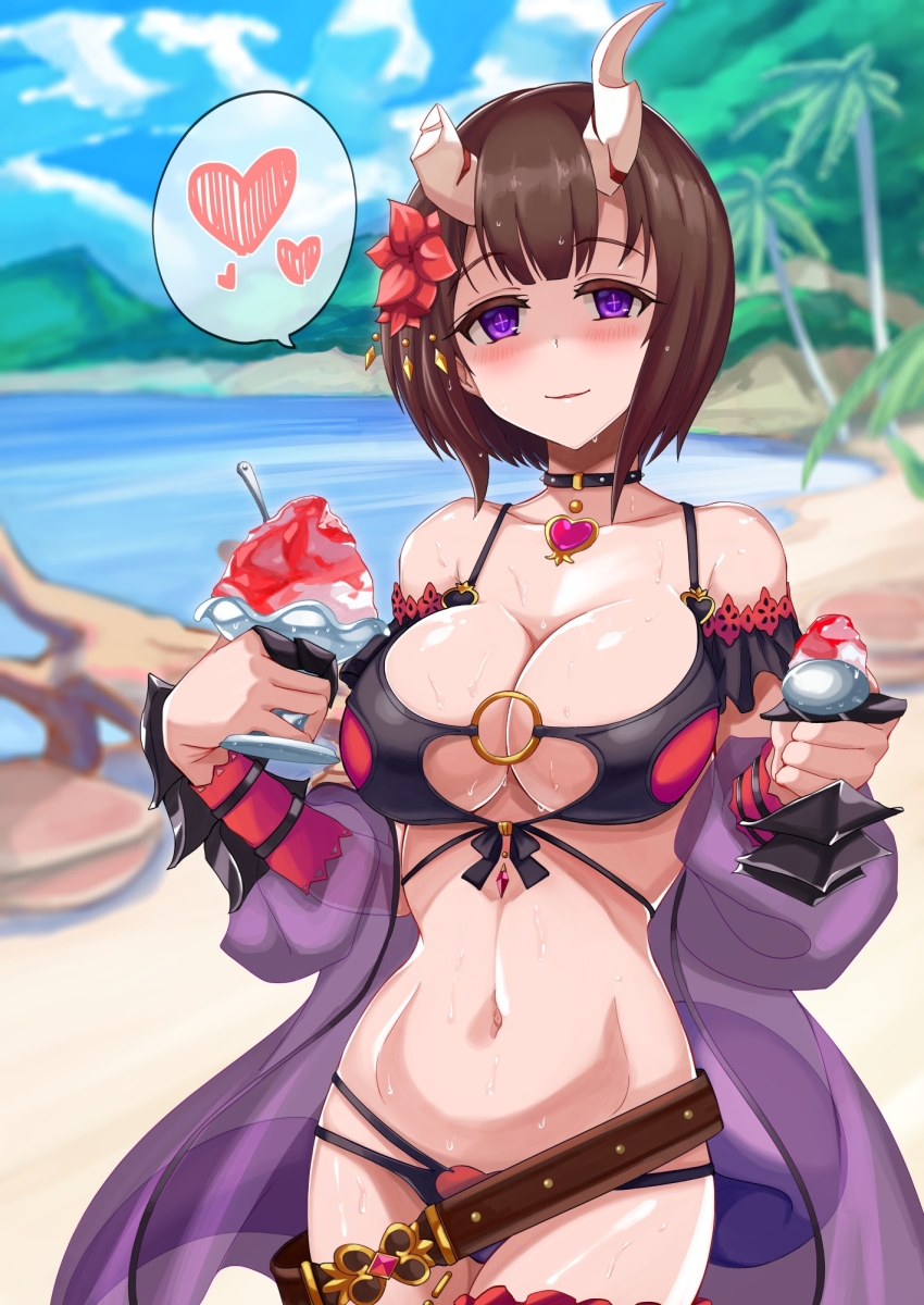 +_+ 1girl beach belt bikini blue_sky blush bracelet broken_horn choker claw_ring commentary_request cup day demon_horns eriko_(princess_connect!) eriko_(summer)_(princess_connect!) flower_bracelet flower_trim food heart heart_choker highres holding holding_cup holding_spoon horns ice_cream jewelry long_hair looking_at_viewer mononoke_(pixiv53597254) multi-strapped_bikini_bottom multi-strapped_bikini_top multicolored_bikini o-ring o-ring_bikini o-ring_top ocean official_alternate_costume outdoors palm_tree princess_connect! purple_shawl purple_tail see-through_clothes see-through_shawl shawl sky smile solo speech_bubble spiked_tail spoken_heart spoon swimsuit tail tree two-tone_bikini