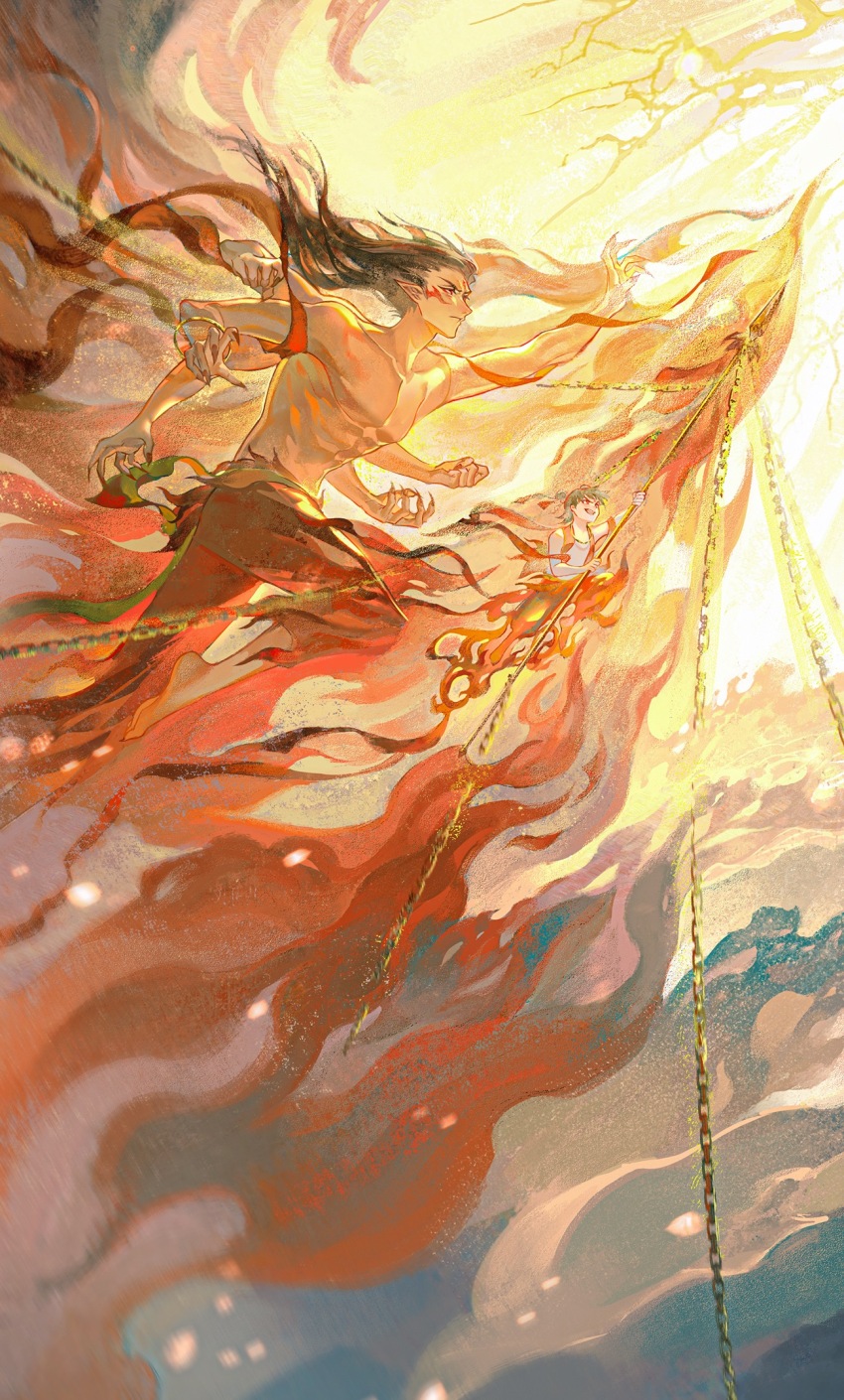 1boy aged_down black_hair chain chinese_clothes facial_mark fire floating_hair full_body highres holding long_hair male_focus nezha_(nezha_zhi_motong_jiangshi) nezha_zhi_motong_jiangshi outstretched_arm pants pectorals profile reaching red_eyes topless_male yinzinmiemie