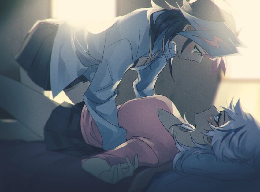 2girls arched_back bare_legs barefoot bed_sheet black_bra black_hair black_skirt blanket blue_eyes blurry blurry_background blush bra breasts colored_bangs crawling dappled_sunlight dress_shirt evening facing_another facing_to_the_side fujiki_yusaku girl_on_top green_eyes head_on_pillow indoors kneeling knees_up kogami_ryoken large_breasts long_hair looking_at_another looking_down looking_up mayona_(mayona1poke) medium_breasts multicolored_hair multiple_girls on_bed open_door open_hand open_window outstretched_arms partially_unbuttoned pillow pink_shirt pinned pleated_skirt shirt skirt sleeves_rolled_up spiked_hair streaked_hair sunlight unbuttoned unbuttoned_shirt underwear untucked_shirt white_hair white_shirt window yu-gi-oh! yu-gi-oh!_vrains yuri