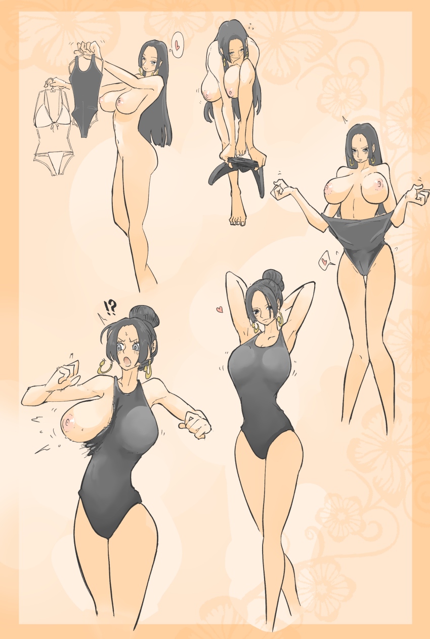 1girl absurdres bikini boa_hancock breasts breasts_out graphite_(medium) hato_hato_hato highres large_breasts lineart long_legs one-piece_swimsuit one_piece solo solo_focus swimsuit traditional_media wardrobe_malfunction
