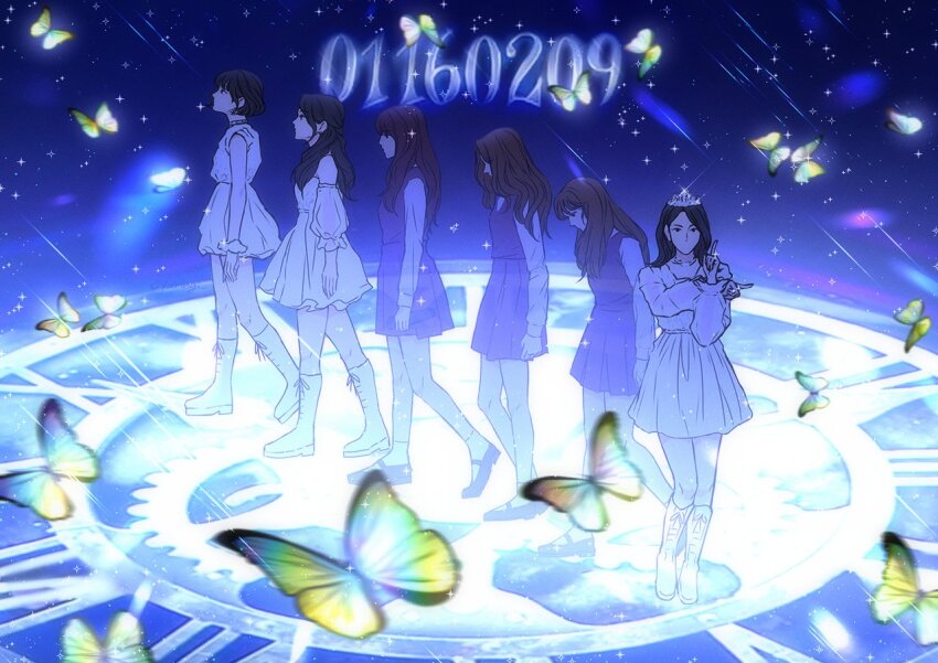 6+girls black_hair bob_cut boots brown_hair bug butterfly commentary crossed_arms crown dated detached_sleeves dress eunha_(gfriend) full_body gfriend insect k-pop long_hair long_sleeves looking_at_viewer multiple_girls profile real_life school_uniform sinb_(gfriend) socks sowon_(gfriend) umji_(gfriend) white_dress white_footwear white_socks yerin_(gfriend) yuju_(gfriend) yuringi