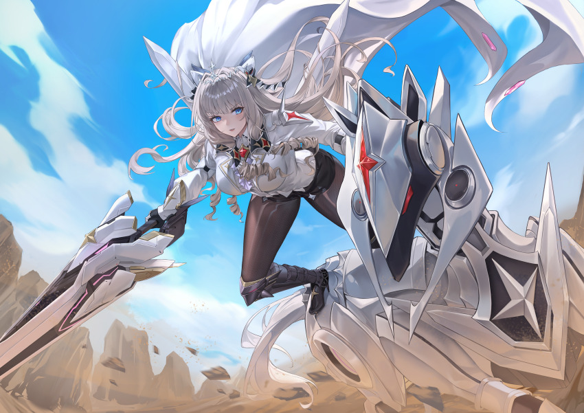 1girl armored_legwear black_pantyhose black_skirt blonde_hair blue_eyes blue_sky blush cape cloud cloudy_sky commentary crown_(nikke) day drill_hair eru_(eru_illust) gauntlets goddess_of_victory:_nikke high_heels highres holding holding_sword holding_weapon looking_to_the_side non-humanoid_robot outdoors pantyhose robot robot_animal shirt skirt sky smile standing_on_animal sword too_many_drills trombe_(nikke) v-shaped_eyebrows weapon white_cape white_shirt