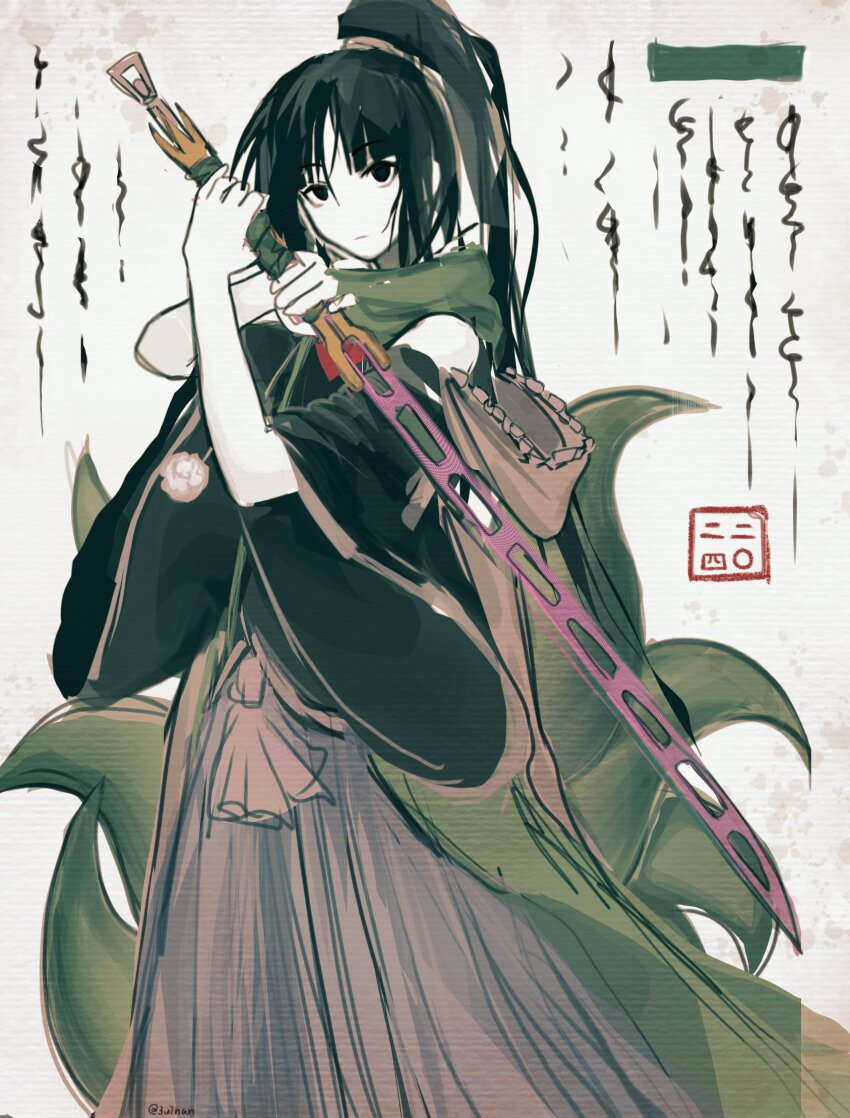 1other adagumo_no_yaorochi androgynous bare_shoulders black_eyes black_hair black_shirt black_sleeves blunt_bangs cape closed_mouth coat commentary_request detached_sleeves euthan expressionless feet_out_of_frame frilled_cape green_coat green_scarf hair_between_eyes hair_ornament hair_scrunchie hakama hakama_pants highres holding holding_sword holding_weapon japanese_clothes len&#039;en long_hair long_sleeves looking_at_viewer multiple_tails neckerchief open_clothes open_coat other_focus pale_skin pants pink_cape pom_pom_(clothes) purple_hakama purple_pants red_neckerchief scarf scrunchie shirt side_ponytail sleeveless sleeveless_coat sleeveless_shirt snake_tail solo sword sword_of_kusanagi tail tasouken text_background weapon white_background wide_sleeves