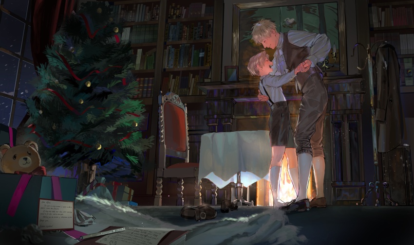2boys absurdres aged_down ahoge america_(hetalia) ascot axis_powers_hetalia black_shoes black_shorts black_sky blonde_hair blue_bag blue_sky book bookshelf bow box brown_coat brown_pants brown_shoes brown_vest candle candy candy_cane chair child christmas christmas_ornaments christmas_tree closed_eyes coat collared_shirt commentary curtains dancing english_commentary fingernails fireplace floor food formal_clothes garland_(decoration) gift gift_bag gift_box gradient_sky hand_around_waist highres holding_hands indoors letter male_focus multiple_boys night night_sky open_mouth painting_(object) pants pen picture_frame red_bow shirt shoes short_hair shorts sky smile snowing socks standing stuffed_animal stuffed_toy suspender_shorts suspenders table tablecloth teddy_bear teeth united_kingdom_(hetalia) unworn_shoes vest white_ascot white_shirt white_socks window zhongerweiyuan