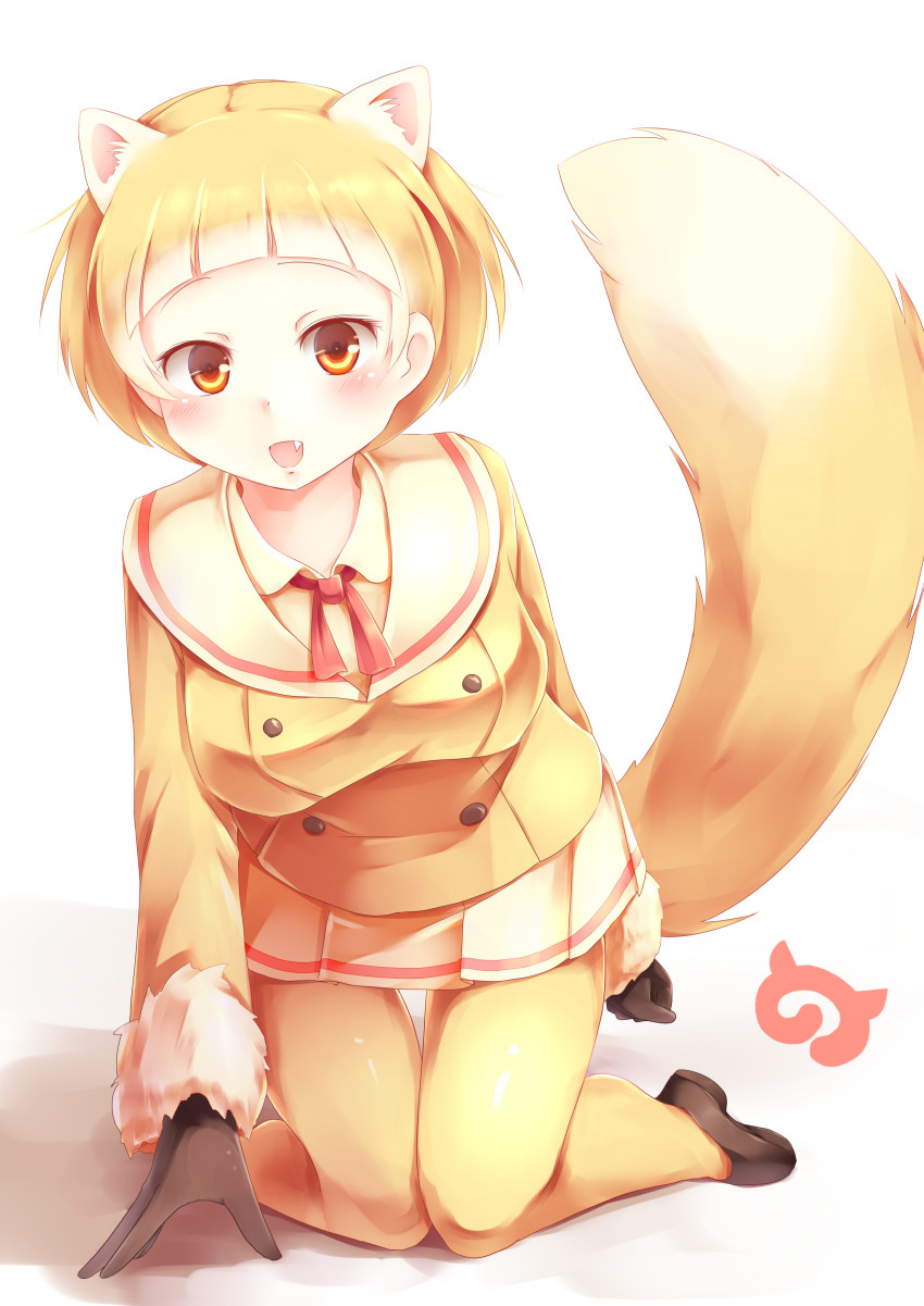 10s 1girl absurdres blonde_hair blush bow bowtie fang female_focus fur_trim gloves highres japanese_marten_(kemono_friends) japari_symbol kanzakietc kemono_friends marten_ears marten_tail multicolored_hair orange_eyes pantyhose seiza short_hair simple_background sitting solo two-tone_hair white_background white_hair