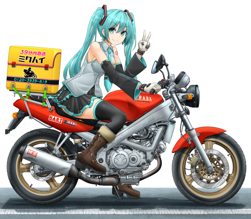 1girl 39 absurdres aqua_eyes aqua_hair aqua_necktie black_skirt black_sleeves black_thighhighs boots breasts brown_boots closed_mouth collared_shirt commentary_request detached_sleeves from_side full_body gloves grey_gloves grey_shirt hatsune_miku highres holding_handlebar honda long_hair long_sleeves medium_breasts mikeran_(mikelan) miniskirt motor_vehicle motorcycle necktie number_tattoo on_motorcycle pleated_skirt road shirt shoulder_tattoo skirt sleeveless sleeveless_shirt smile solo tattoo thighhighs twintails v vehicle_request vocaloid white_background