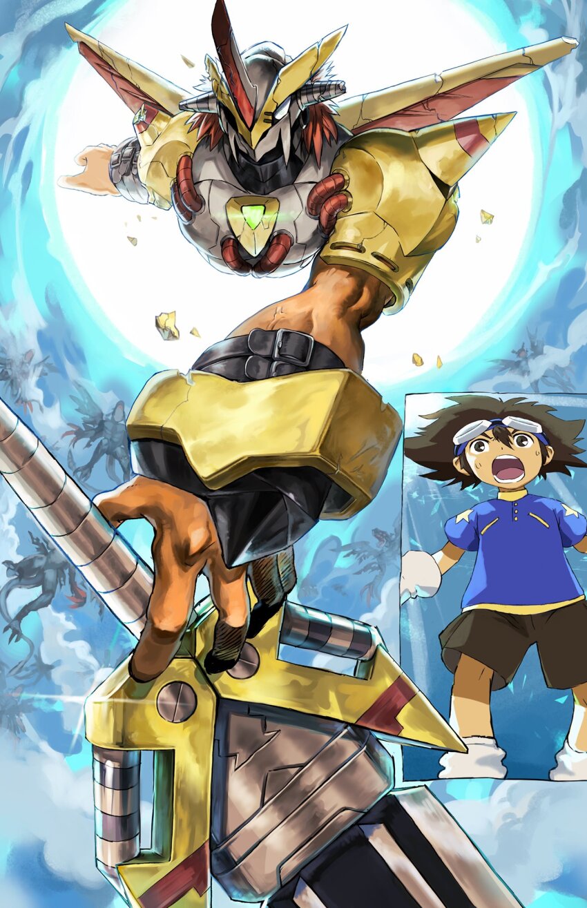 2boys armor artificial_wings blue_shirt bracelet broken_armor broken_helmet brown_hair brown_shorts chest_jewel claws cloud colored_skin crack crowd demon_tail demon_wings devidramon digimon digimon_(creature) digimon_adventure dinosaur_boy fake_horns foreshortening gem glint gloves goggles goggles_on_head green_gemstone helmet highres holding holding_sword holding_weapon horned_headwear horned_helmet horns huge_weapon inset jewelry level-00 male_focus mechanical_wings multiple_boys muscular open_mouth orange_skin outstretched_arm portal_(object) red_hair shirt short_hair short_sleeves shorts shoulder_armor shoulder_spikes sky spikes surprised sweatdrop sword tail torn_wings tube veins veiny_arms victorygreymon weapon wings wrist_belt yagami_taichi yellow_armor