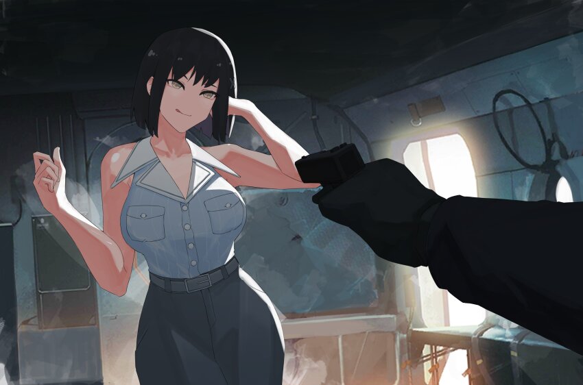 1girl absurdres aiming aircraft airship alternate_costume belt black_hair blue_shirt breasts formal_clothes girls&#039;_frontline gun highres holding holding_weapon light_smile medium_breasts morridow_(girls&#039;_frontline) official_alternate_costume open_door paradeus shirt skirt skirt_suit sleeveless smiley_face suit tongue variasii weapon yellow_eyes