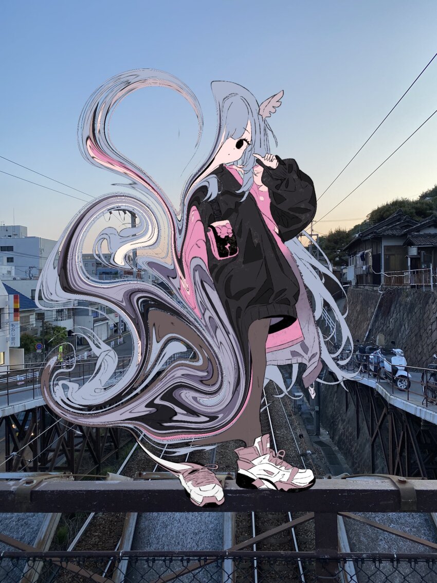 1girl black_eyes black_jacket black_pantyhose blue_hair blue_sky closed_mouth day dot_mouth empty_eyes full_body gradient_background hand_up highres jacket long_hair long_sleeves looking_at_viewer mochu_(aoishikabane) morning on_railing orange_sky original outdoors pantyhose photo_background pink_shoes puffy_long_sleeves puffy_sleeves railing shoes sky sneakers solo standing swirl very_long_hair