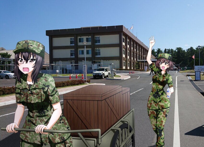 2girls akiyama_yukari black_hair blush breasts brown_eyes brown_hair camouflage cart collarbone fang girls_und_panzer hat highres kawashima_momo key_(gaigaigai123) medium_breasts military_hat military_uniform monocle multiple_girls open_mouth outdoors short_hair smile