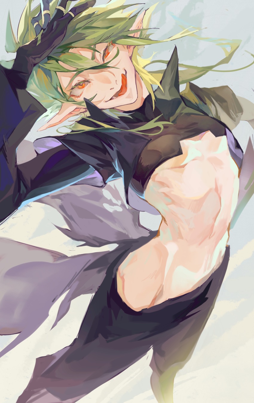 1boy absurdres aotu_world arm_up bishounen black_gloves black_jacket black_pants black_shirt chinese_commentary crop_top cropped_jacket feng1shiwolaopowa floating_cape floating_hair gloves green_hair groin hair_between_eyes hand_on_own_head highres jacket jewelry licking_lips long_hair long_sleeves looking_at_viewer low_ponytail lower_teeth_only male_focus midriff multicolored_eyes multiple_rings navel open_mouth pants pointy_ears ponytail red_eyes ring shirt simple_background skin_tight smile solo stomach teeth toned tongue tongue_out turtleneck underpec waist_cape xander_(aotu_world) yellow_eyes