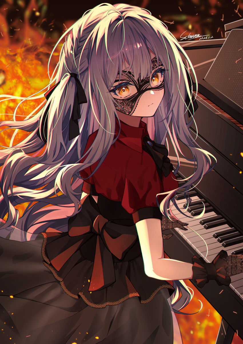 1girl absurdres back_bow bang_dream! bang_dream!_it&#039;s_mygo!!!!! black_bow black_mask black_ribbon black_skirt blue_hair bow braid closed_mouth commentary_request dated embers fire greyscale hair_ribbon highres instrument long_hair mask masquerade_mask monochrome music oblivionis_(bang_dream!) piano playing_instrument playing_piano red_shirt ribbon setsuna_0430 shirt sidelocks signature skirt solo togawa_sakiko yellow_eyes
