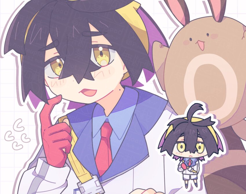 1boy antenna_hair black_hair blush brown_eyes chibi colored_inner_hair crossed_bangs flying_sweatdrops gen_2_pokemon gloves hair_between_eyes highres jacket kieran_(pokemon) male_focus mole mole_on_neck multicolored_hair necktie nintendo partially_fingerless_gloves pino_ois1 pokemon pokemon_(creature) pokemon_sv purple_hair red_gloves red_necktie sentret short_hair single_glove solo white_jacket