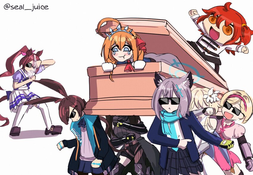 6+girls :&lt; :d ahoge amiya_(arknights) animal_ear_fluff animal_ears arknights assisted_carrying blonde_hair blue_archive blue_eyes bob_cut brown_hair carrying coat coffin crying crying_with_eyes_open dabbing_dude_(meme) dancing_pallbearers_(meme) djeeta_(granblue_fantasy) dress fate/grand_order fate_(series) flower fujimaru_ritsuka_(female) genshin_impact girls&#039;_frontline granblue_fantasy grey_hair hair_flower hair_ornament hairband halo highres horse_ears horse_girl horse_tail long_hair lumine_(genshin_impact) m4a1_(girls&#039;_frontline) m4a1_(mod3)_(girls&#039;_frontline) meme mod3_(girls&#039;_frontline) multiple_girls open_mouth orange_eyes orange_hair pecorine_(princess_connect!) princess_connect! rabbit_ears sad school_uniform seal_juice serafuku shiroko_(blue_archive) short_hair side_ponytail smile sunglasses tail tears thighhighs tiara tokai_teio_(umamusume) twitter_username umamusume very_long_hair wolf_ears