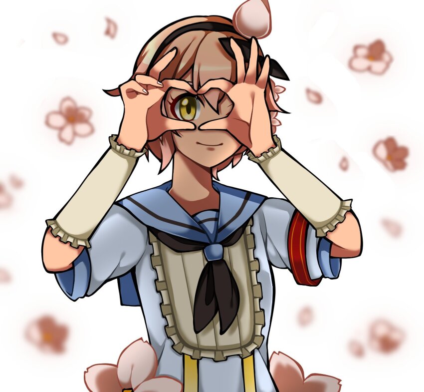 1girl 1jumangoku black_hairband black_necktie black_ribbon blue_sailor_collar blue_shirt center_frills cherry_blossoms closed_mouth collared_shirt commentary_request dress_flower eyelashes falling_flower falling_petals floral_background flower frilled_arm_wamers frills hair_flower hair_ornament hair_ribbon hairband heart heart_hands heart_hands_over_eye highres looking_at_viewer magical_girl mahou_shoujo_ikusei_keikaku mahou_shoujo_ikusei_keikaku_unmarked necktie one_eye_closed petals pink_flower pink_hair ribbon sailor_collar shirt short_hair short_sleeves smile snow_white_(mahoiku) upper_body white_arm_warmers white_background yellow_eyes