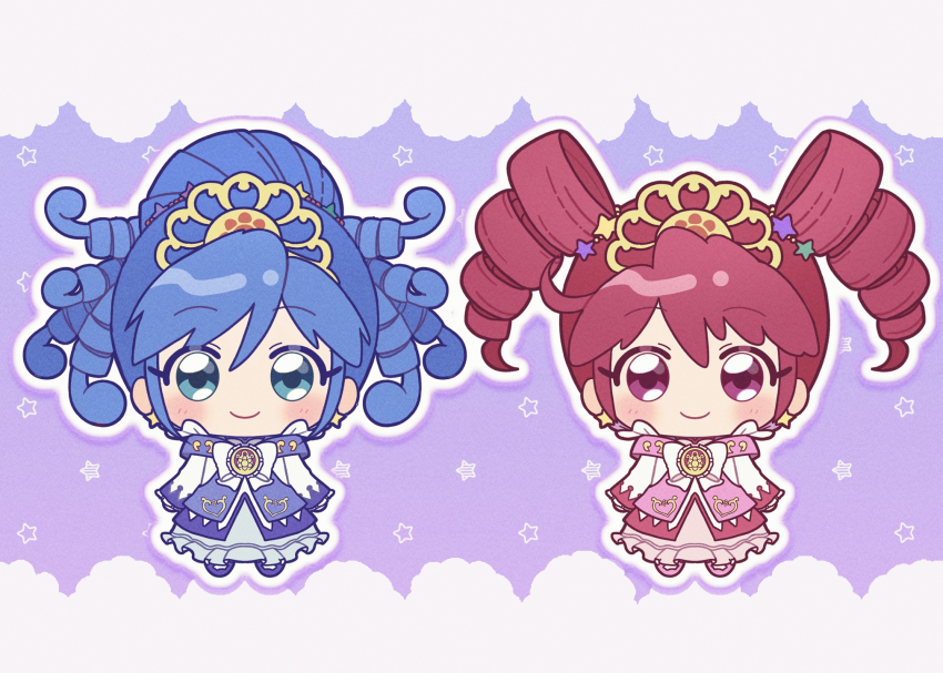 2girls ahoge aqua_eyes blue_dress blue_hair blue_shoes blush bow chest_bow chibi chibi_only closed_mouth commentary crest curly_hair dress dress_bow drill_hair earrings fine_(futagohime) fine_(prominence_dress_up)_(futagohime) frilled_dress frilled_sleeves frills full_body fushigiboshi_no_futago_hime gold_tiara gown gradient_background hair_between_eyes hair_ornament heart heart_print high_collar highres jewelry lace_background long_hair long_sleeves looking_at_viewer magical_girl mary_janes matching_outfits medallion multiple_girls no_nose outline overskirt pantyhose pink_background pink_dress pink_shoes purple_background red_eyes red_hair rein_(futagohime) rein_(prominence_dress_up)_(futagohime) ringlets shoes siblings side-by-side sisters smile standing star_(symbol) star_earrings star_hair_ornament star_symbol_background sun_print supportasse tiara twin_drills twins two-tone_background two-tone_dress umiyuki_(umi_chu) white_bow white_dress white_outline white_pantyhose white_sleeves wide_sleeves