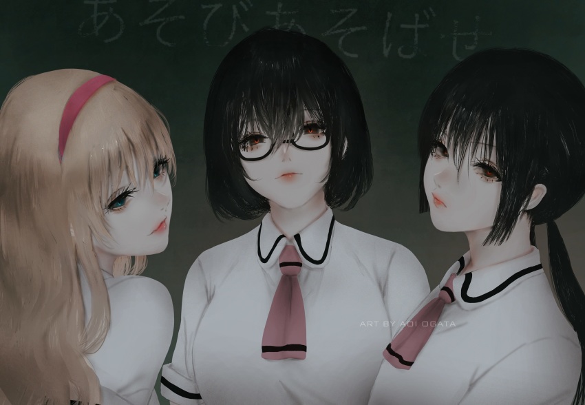 3girls aoi_ogata asobi_asobase black-framed_eyewear black_hair black_sclera blonde_hair blue_eyes collared_shirt colored_sclera commentary english_commentary glasses hair_between_eyes hairband highres honda_hanako long_hair looking_at_viewer low_twintails multiple_girls nomura_kasumi olivia_(asobi_asobase) pink_neckwear red_eyes red_hairband semi-rimless_eyewear shirt twintails under-rim_eyewear upper_body white_shirt